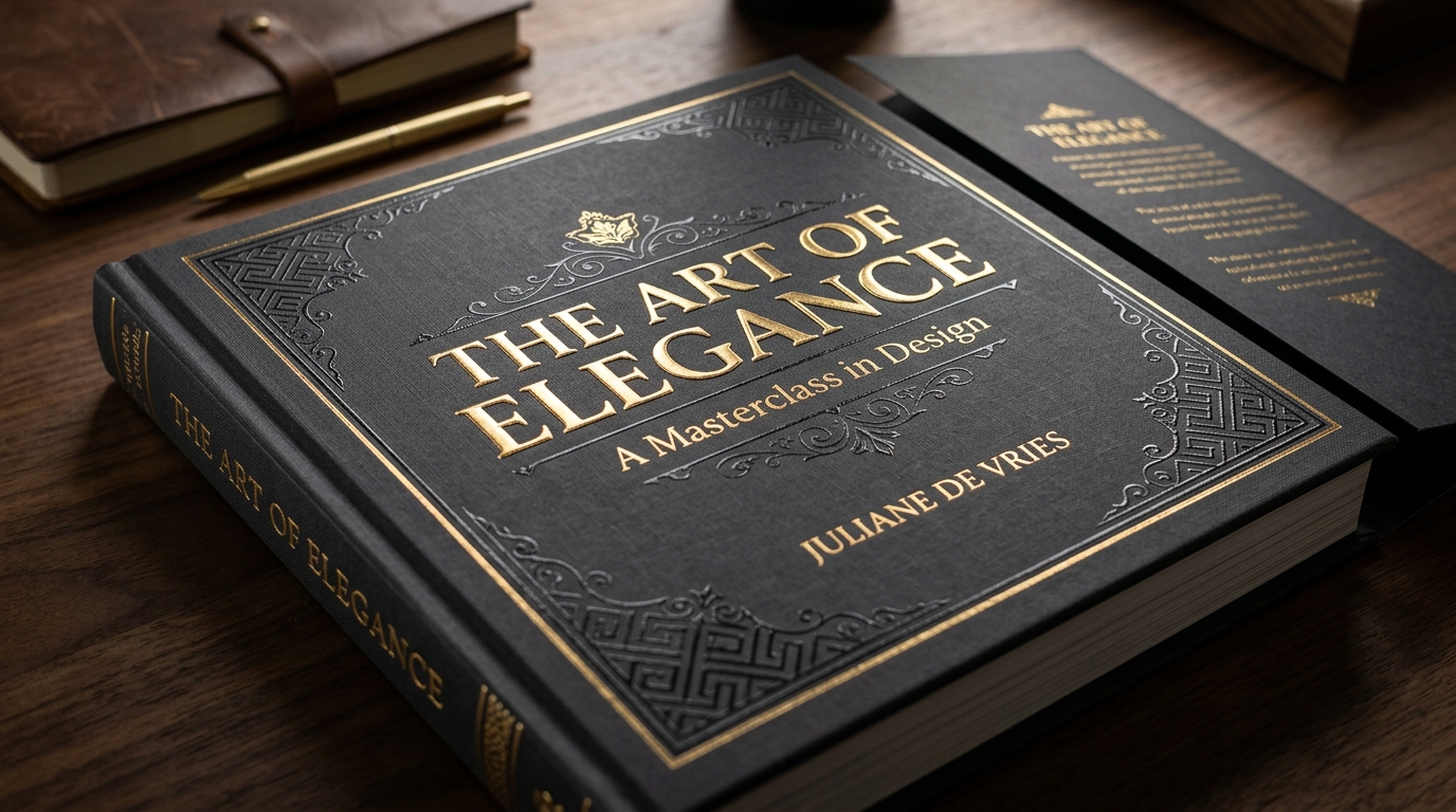 Exemplar de livro de luxo com hot stamping dourado, verniz UV localizado e orelha de proteção
