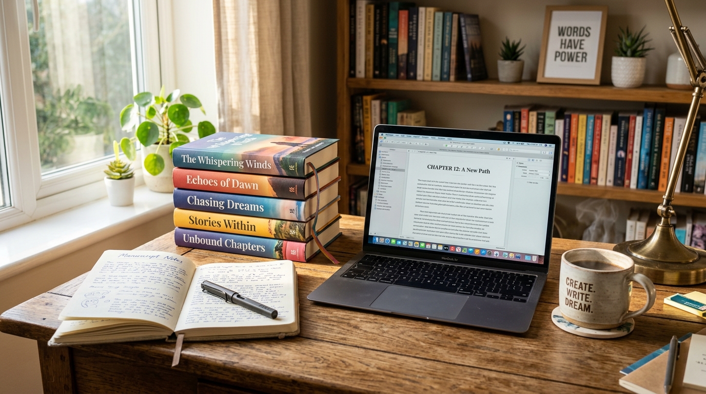 Mesa de trabalho de um autor independente com livros impressos, anotações de manuscrito e laptop