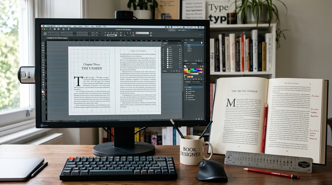 Estação de trabalho de designer editorial diagramando livro em software profissional com grid tipográfico e livro impresso ao lado