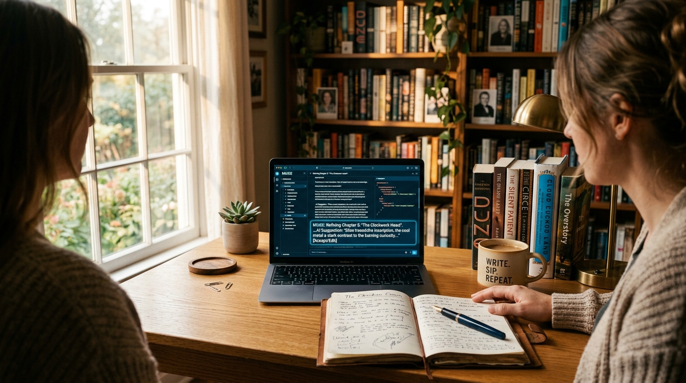 Autora em estúdio editorial utilizando laptop com assistente de escrita por inteligência artificial ao lado de caderno e livros impressos