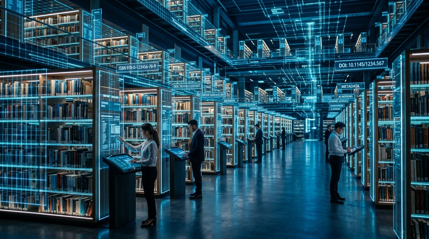 Biblioteca moderna com acervo de livros catalogados e dados digitais de indexação, ISBN e DOI