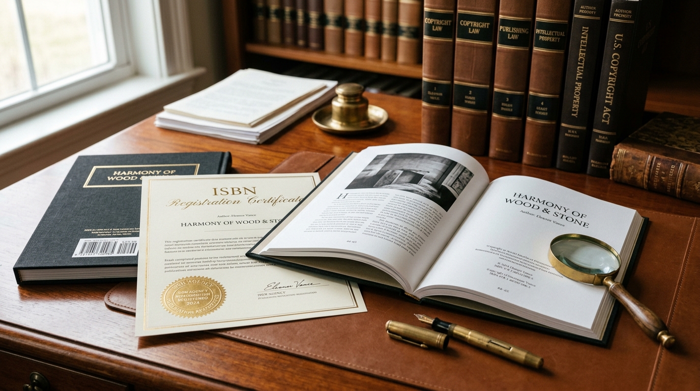 Certificado de registro ISBN, livro impresso com código de barras e documentos de direitos autorais