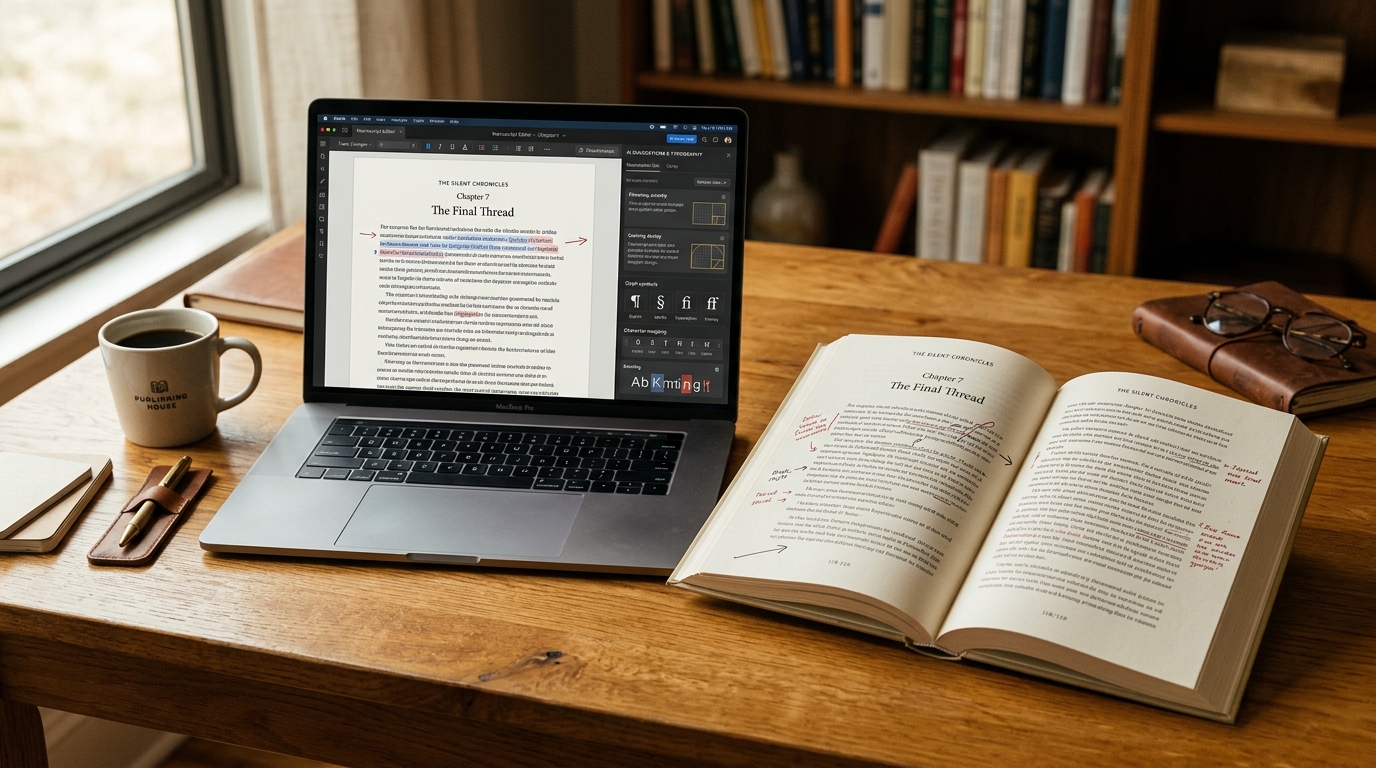 Ambiente editorial de revisão de texto com livro impresso e tela de computador com assistente de tipografia e IA