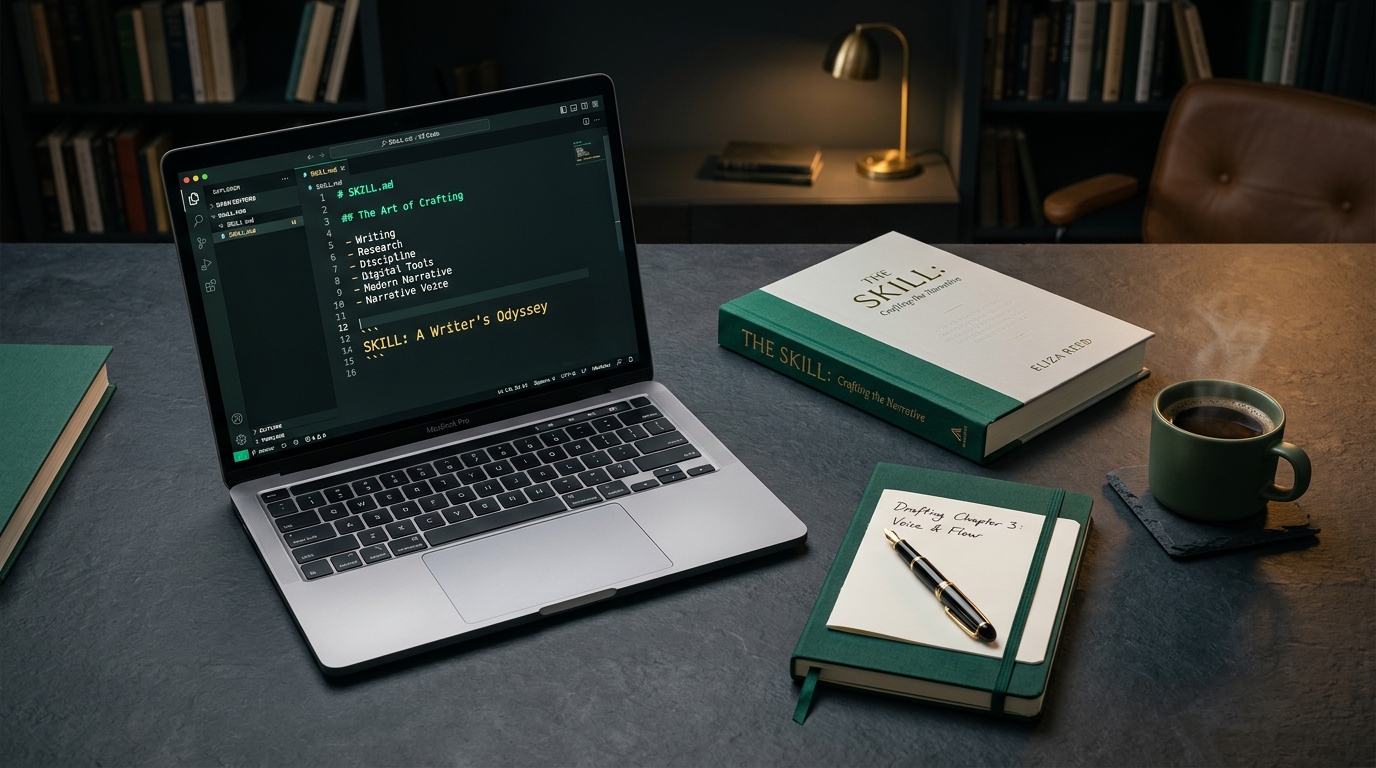 Mesa de trabalho editorial com laptop exibindo código de skill em markdown ao lado de livro impresso de capa dura e xícara de café